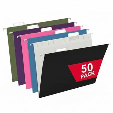 Imagem de 50 pacotes de pastas de arquivo suspensas, pastas de arquivo de tamanho carta de cores sortidas com abas ajustáveis de 1/5 para escritório/casa/escola, decoração, gaveta, mesa e armário (preto, azul