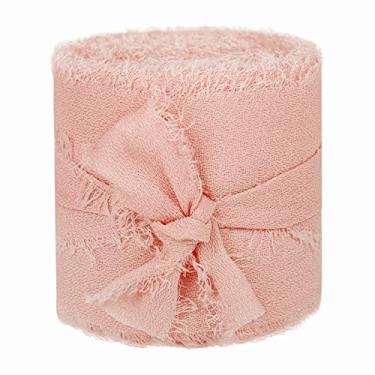 Imagem de Gravatas feitas à mão com franja desgastada fita de seda de chiffon rosa empoeirado para decoração de casamento, buquê, embrulho de presente, 3,5 m