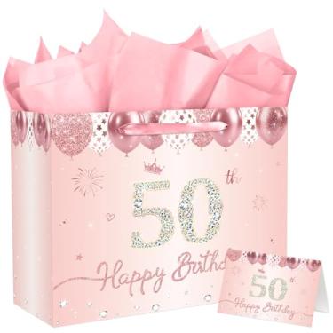 Imagem de JCTHKUKU Saco de presente de aniversário de 50 anos rosa dourado e fabuloso para mulheres, grande, rosa, para presente de feliz aniversário, com papel de embrulho e cartão