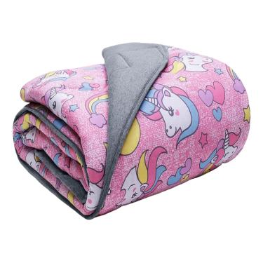 Imagem de Edredom KazzaVip Casal Malha 90% Algodão Basic Estampado Mescla Unicórnios 180mx220m Rosa