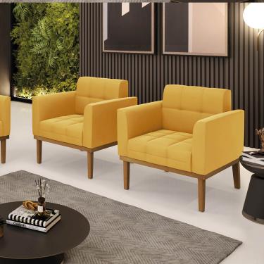 Imagem de Poltrona Sala Decorativa Kit 2 Elisa Base Madeira Castanho Veludo Mostarda D03 - D'Rossi