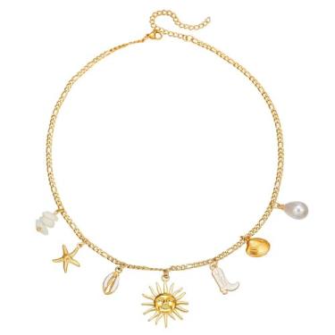 Imagem de Colar com pingente de sol, estrela-do-mar, pérola, coração, tartaruga, sol, dopamina, aço inoxidável, clavícula, joia banhada a ouro