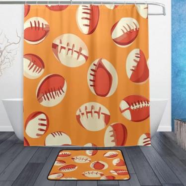 Imagem de xigua Conjuntos de tapetes de cortina de banho de rugby 2 peças, conjunto de tema de banheiro (152 x 182 cm) com cortina de chuveiro e tapete antiderrapante -12 ganchos264