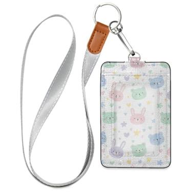 Imagem de Burbuja Porta-crachá de couro com cordão, etiqueta de identificação de urso coelho com 1 janela transparente para identidade e 2 compartimentos para cartão para escritório, enfermeira, professor