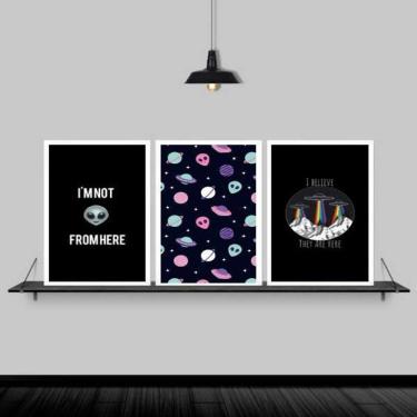 Imagem de Kit 3 Quadros I Believe Ovnis 33X24Cm Moldura Branca