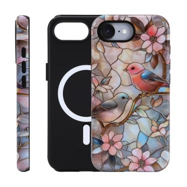 Imagem de Fourmor Capa para iPhone 16e – Carregamento sem fio para MagSafe, capa externa rígida de policarbonato + capa protetora interna de TPU macio de 2 camadas, estampa floral e pássaro, adequada para