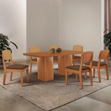 Imagem de Mesa De Jantar Eloise 180cm Tampo Mdf 6 Cadeiras Moderna Veludo Marrom/naturalle