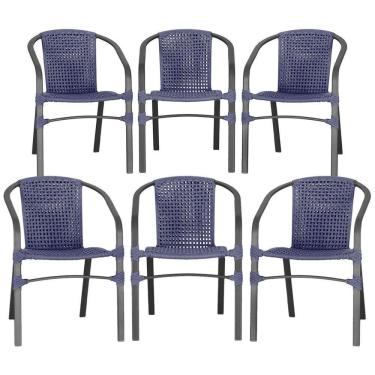 Imagem de 06 Cadeiras Floripa Alumínio Pintura Preta Trama Original Azul