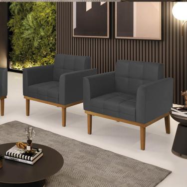 Imagem de Poltrona Sala Decorativa Kit 2 Elisa Base Madeira Castanho Sintético Grafite D03 - D'Rossi