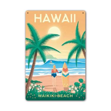 Imagem de Decoração de parede Pintura em ferro Vintage Hawaii Waikiki Beach 20x30cm