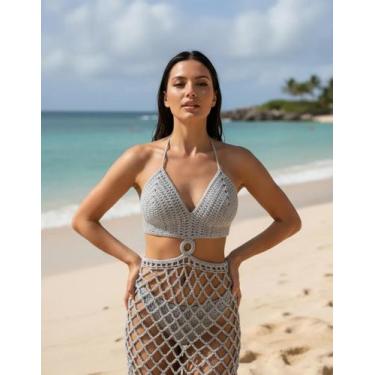 Imagem de Conjunto Top e Saia De Crochê Feminino Saída de Praia Moda Artesanal A