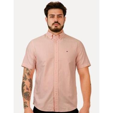Imagem de Camisa Tommy Hilfiger Masculina Manga Curta Regular Oxford Stripes Laranja Mescla-Masculino