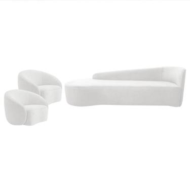Imagem de Kit Divã Recamier Orgânico França 200cm Lado Esquerdo E 2 Poltronas Amore Bouclé Branco