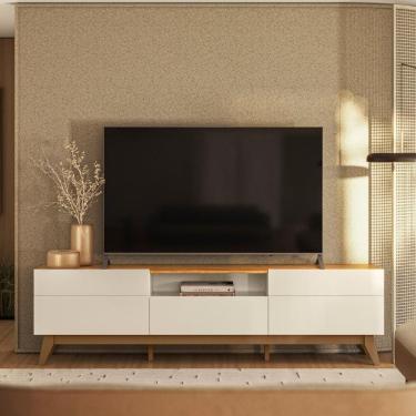 Imagem de Bancada De Sala Com 5 Gavetas E Pés De Madeira Inclinados Off White
