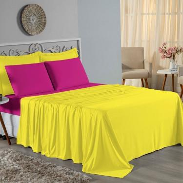 Imagem de Jogo De Cama Casal Viúva Nobre 4 Peças Malha 100% Algodão - Amarelo / Pink