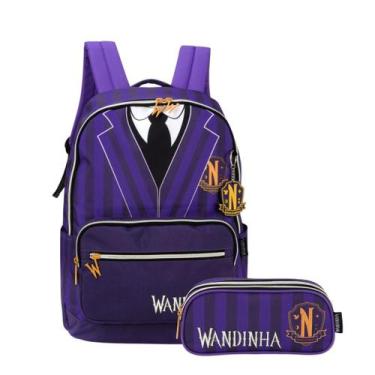 Imagem de Kit Wandinha Addams Mochila e Estojo Duplo Escolar Original - Luxcel, 