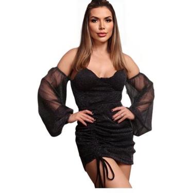 Imagem de Vestido Curto Festa Manga Longa Lurex Amarração Feminino - Look Dreams