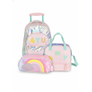 Imagem de Kit Mochila Rodas Lancheira Estojo Escolar Up4You 49241 Cor:Rosa, Rosa