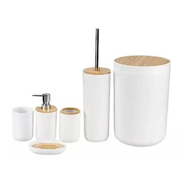 Imagem de Conjunto Banheiro Bambu 6 Peças Branco Plasvale Lixeira 6,5l Escova Sanitária Acessórios Lavabo
