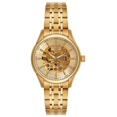 Imagem de Relógio Masculino Automático Mostrador Esqueleto Dourado com Pulseira em Aço Inox Energia Solar Séculus