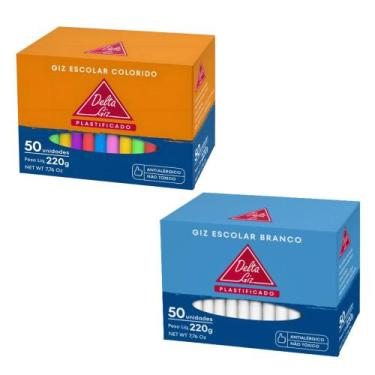 Imagem de Kit 02 Giz de Lousa Branco e Colorido Caixa c/ 50 Unidades Não Tóxico 