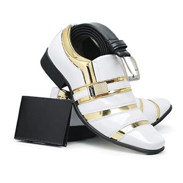 Imagem de Kit Sapato Social Masculino + Carteira e Cinto Verniz Brilho (41, Branco/Dourado)