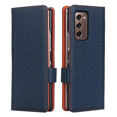 Imagem de Capa para Samsung Galaxy Z Fold 3, capa de couro legítimo premium com compartimentos para cartão, fecho magnético e suporte à prova de choque carteira vintage, azul