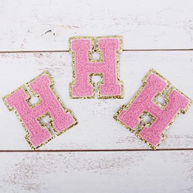 Imagem de Pacote com 3 adesivos de Chenille Iron On Glitter Varsity 5 cm de altura "H" - Tecido de chenille rosa com acabamento em glitter dourado - Costurar ou passar a ferro - 5 cm PNK H
