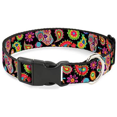 Imagem de Buckle-Down Coleira com clipe de plástico – Sugar Skull/Paisley Preto/Multicolorido – 1,27 cm de largura – serve para pescoço de 20,36 a 30,48 cm – Médio