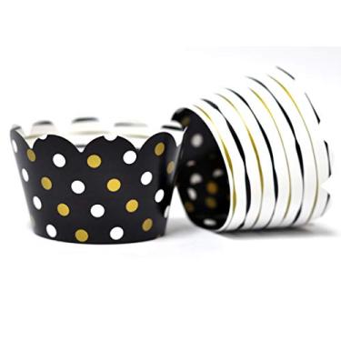 Imagem de Embrulhos de cupcake preto e dourado para festas de aniversário, celebrações de aniversário, chás de panela, casamentos. Conjunto de 24 listras reversíveis pretas e douradas para bolinhas com suporte de bolo.