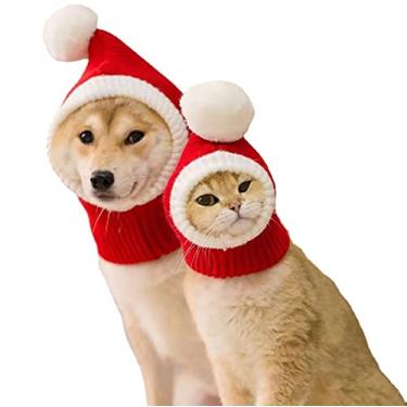 Imagem de Yajun Chapéu de inverno para cães Natal gato tricô gorro quente chapéu pequeno médio grande cachorro vestido suprimentos para filhotes 2 peças, vermelho, M (pescoço: 30