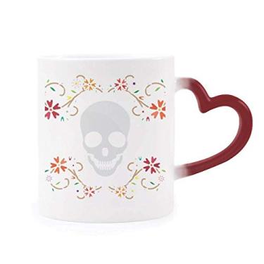 Imagem de Caneca de grés com ilustração de caveira de flor sensível ao calor com mudança de cor vermelha