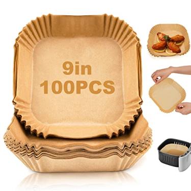 Imagem de Forros de papel descartáveis para fritadeira a ar: 100 peças de pergaminho antiaderente quadrado grande, forro de cesta de fritadeira a ar para airfryer de 8 litros - 12 litros
