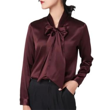 Imagem de Camisa de seda feminina primavera outono manga longa cetim seda blusa gola V laço camisa, Vinho tinto, M