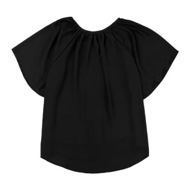 Imagem de Blusas femininas soltas plissadas de chiffon casual manga três quartos decote francês blusas femininas de trabalho, Preto, P