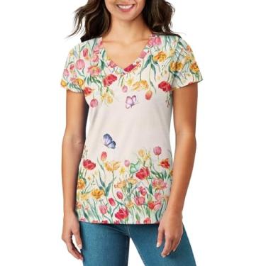Imagem de Pugasmiru Camisetas femininas casuais de verão com gola V e manga curta, ajuste solto, Borboleta floral, M
