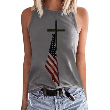 Imagem de Camiseta regata com bandeira americana patriótica feminina, 4 de julho, sem mangas, listras estrelas, tops para o Memorial Day, Cinza, GG