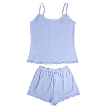 Imagem de Zcargel Pijama feminino de verão, camiseta de tiras, confortável, respirável, para uso em loungewear com alças largas, Azul, G