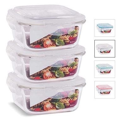 Imagem de KIT 3 Potes de Vidro Quadrado com Tampa Hermética 800ml Cor:Branco (QH)