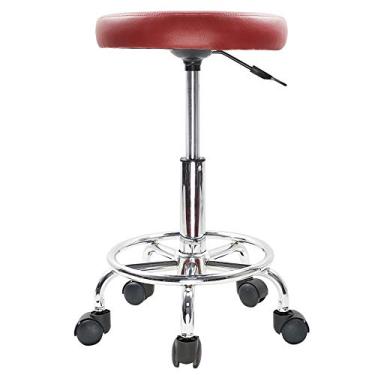 Imagem de KKTONER PU Leather Round Rolling Stool with Foot Rest Swivel Height Adjustment Spa Drafting Salon Tattoo Work Office Massage Stools Task Chair Cushion 14 inches (Red)