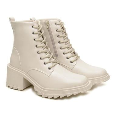 Imagem de Bota Coturno Salto Grosso Alto Bico Quadrado Cano Curto Preto e Off-Wh