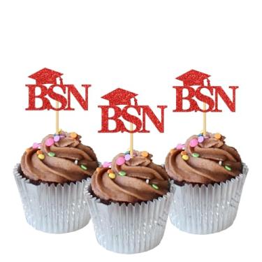 Imagem de 24 peças de topos de cupcake BSN / decoração de cupcake de enfermeira graduada / enfermagem / enfeites de cupcake com tema médico RN / decorações de cupcake de festa de formatura de escola de enfermeira / glitter vermelho