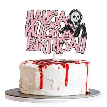 Imagem de Gyufise 1Pcs Have a Killer Birthday Cake Topper Assembled Glitter Horror Classic Halloween Cake Pick for Bloody Horror Theme Birthday Halloween Party Cake Decorations Supplies Pink