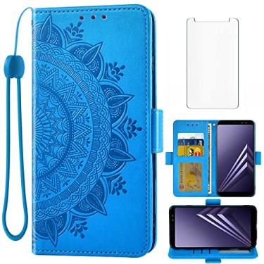 Imagem de Asuwish Compatível com Samsung Galaxy A8 2018 capa carteira de vidro temperado protetor de tela porta-cartão de crédito flip bolsa alça de pulso suporte capa de celular para Glaxay 8A 2018 A530W
