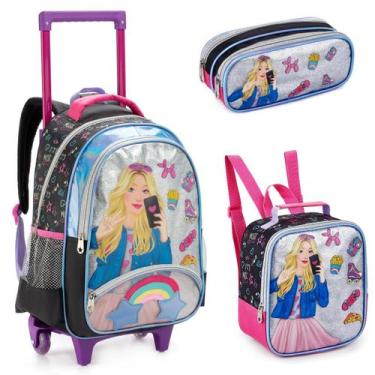 Imagem de Kit Mochila Escolar Infantil Rodinha Denlex Boneca Meninas, Preto