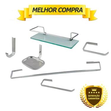 Imagem de Kit Acessórios Para Banheiro Quadrado Aço Inox 6 Peças Com Porta Shamp