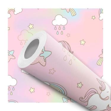 Imagem de Papel de Parede Adesivo Unicórnio Rosa Arco íris Estrela Nuvem Céu Inf