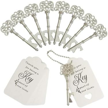 Imagem de WODEGIFT Abridor de garrafas de 100 peças para lembrancinhas de casamento, presentes de casamento para convidados, abridor de garrafa de chave com cartões de etiqueta de acompanhante e chaveiros (prata)
