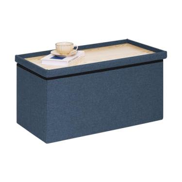 Imagem de PINPLUS Banco de armazenamento dobrável, pufe de armazenamento com bandeja de tampa, mesa de centro otomana de 76 cm, banco de descanso para os pés, baú de brinquedo para sala de estar, quarto,