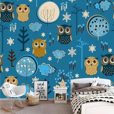 Imagem de Lcythiazole Papel de parede mural de coruja de tamanho personalizável, fundo azul pintado à mão colorido coruja verde planta mural, para quarto infantil, sala de estar, quarto